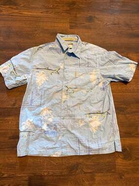 Columbia River Lodge Men's Large Short Sleeve Fishing Shirt Tarpon Palm Tree Pri